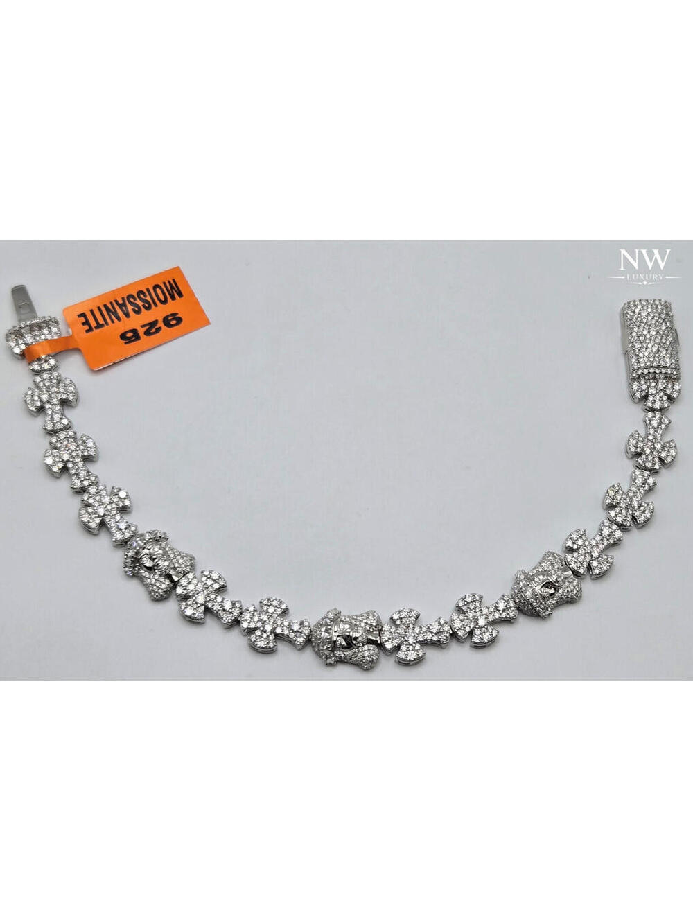 Real MOISSANITE Jesus Face & Cross Bracelet, 925 Sterling Silver, 9in Icey